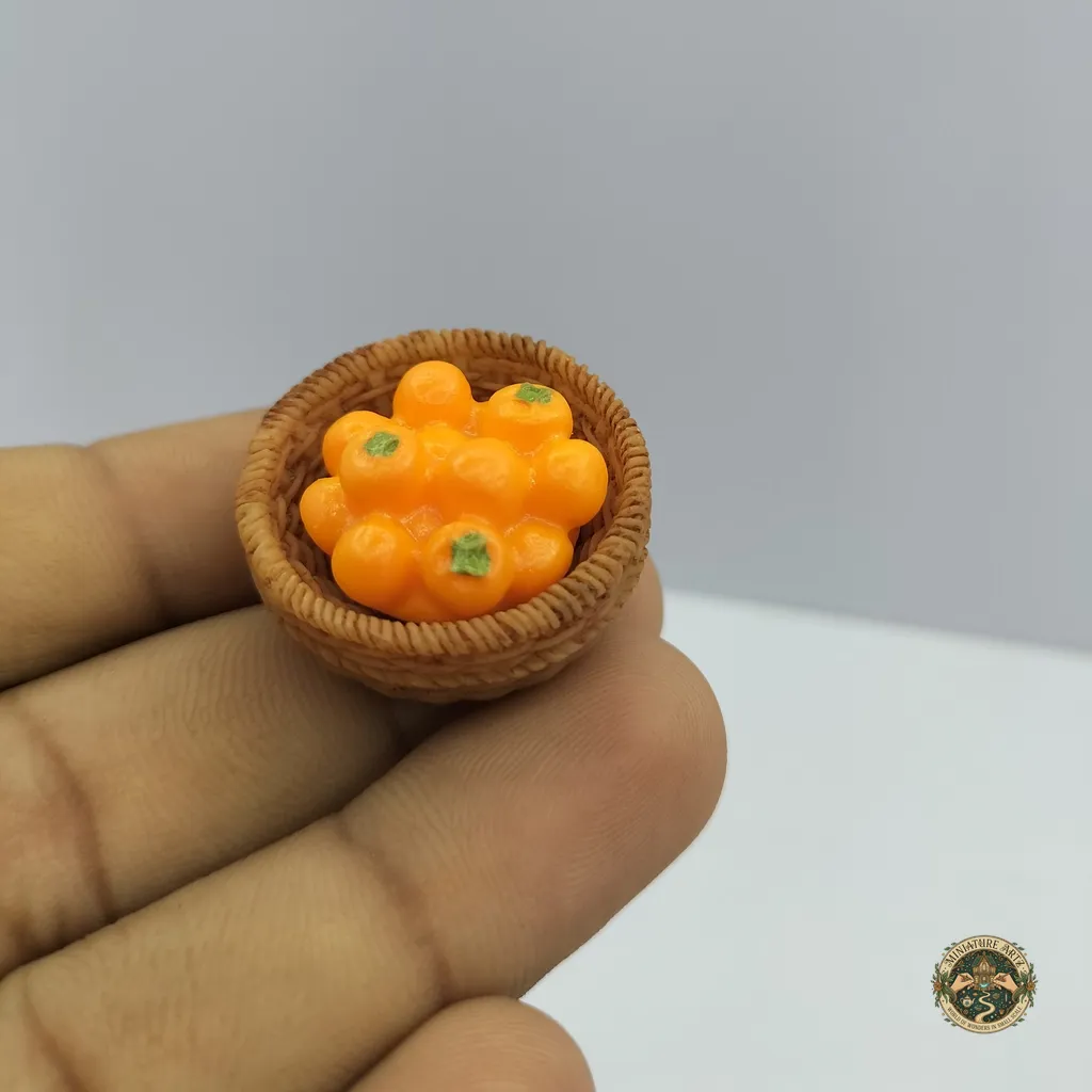 miniature-fruit-basket-1 A handcrafted miniature fruit basket product filled with tiny, realistic polymer clay apples, bananas, and grapes for a dollhouse kitchen.