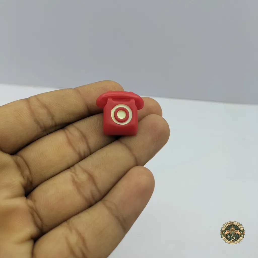 miniature-vintage-telephone-1 A black vintage miniature telephone product with a classic rotary dial and a separate handset connected by a coiled cord.