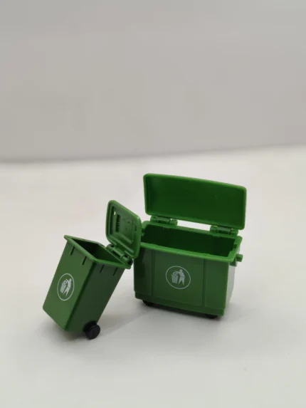 A miniature trash can set product, featuring multiple small grey and blue bins with lids, designed for dollhouse and diorama realism.