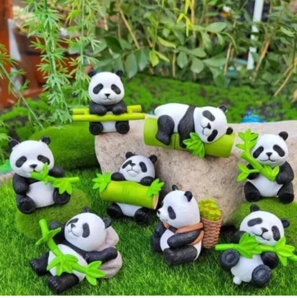 Detailed miniature bamboo panda figurine product, handcrafted for collectors and dollhouse enthusiasts.