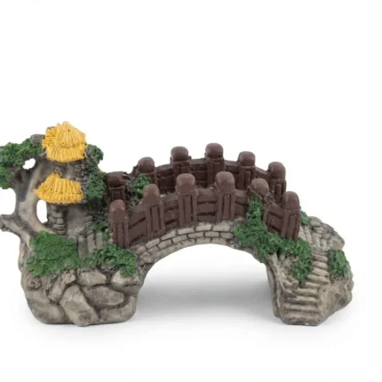 Asian stone arch bridge with pagoda miniature decor product, enhancing any miniature landscape or fairy garden.