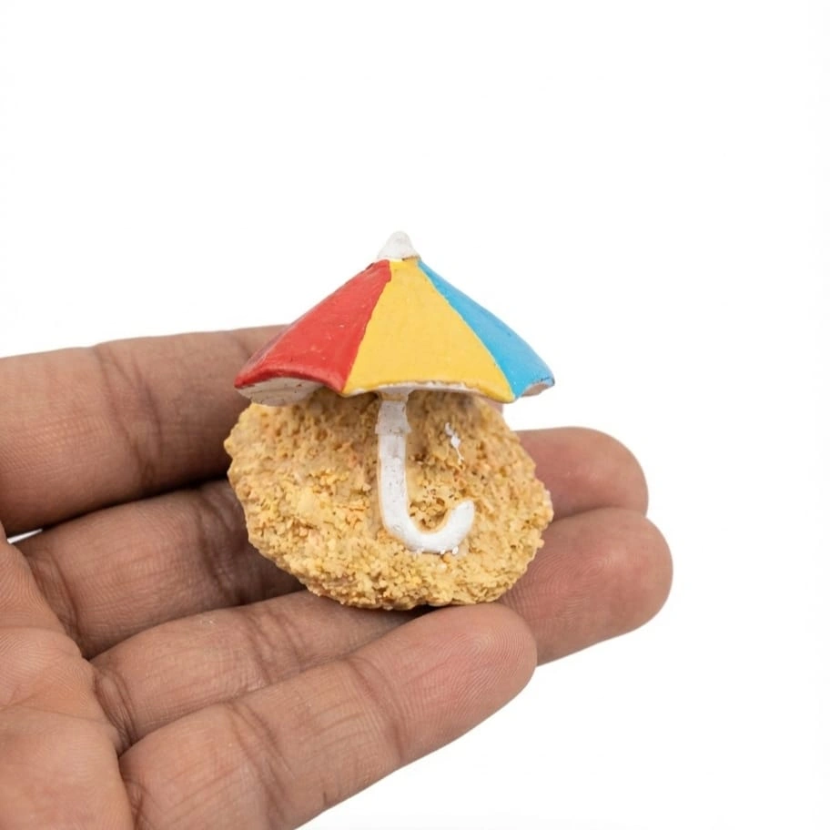 Beach-Umbrella-on-Sandy-Base-Resin-Miniature-Figurine Miniature beach umbrella product with striped canopy and sandy base, ideal for dollhouse and diorama displays.