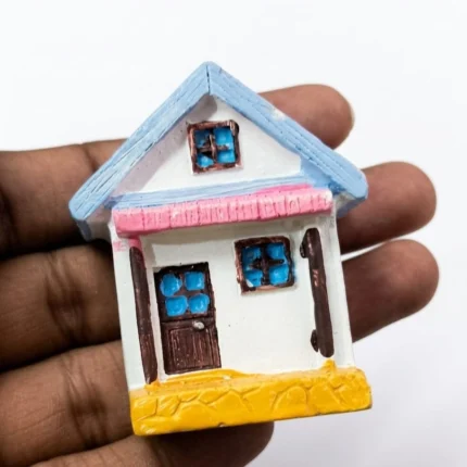 Blue roof cottage resin miniature house figurine, a delightful product for fairy gardens or dollhouse displays.