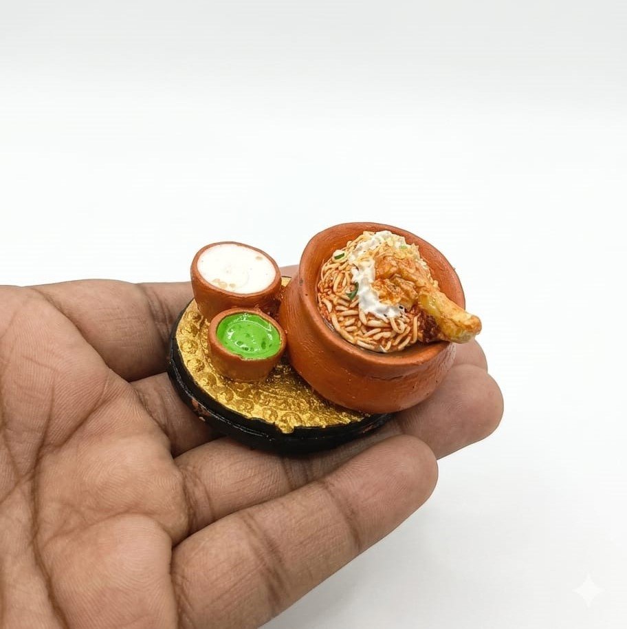 Chicken-Biriyani-with-Raitha-and-Chutney-Miniature-Fridge-Magnet-Set Highly detailed miniature chicken biriyani fridge magnet set with tiny raitha and chutney, a unique food product.