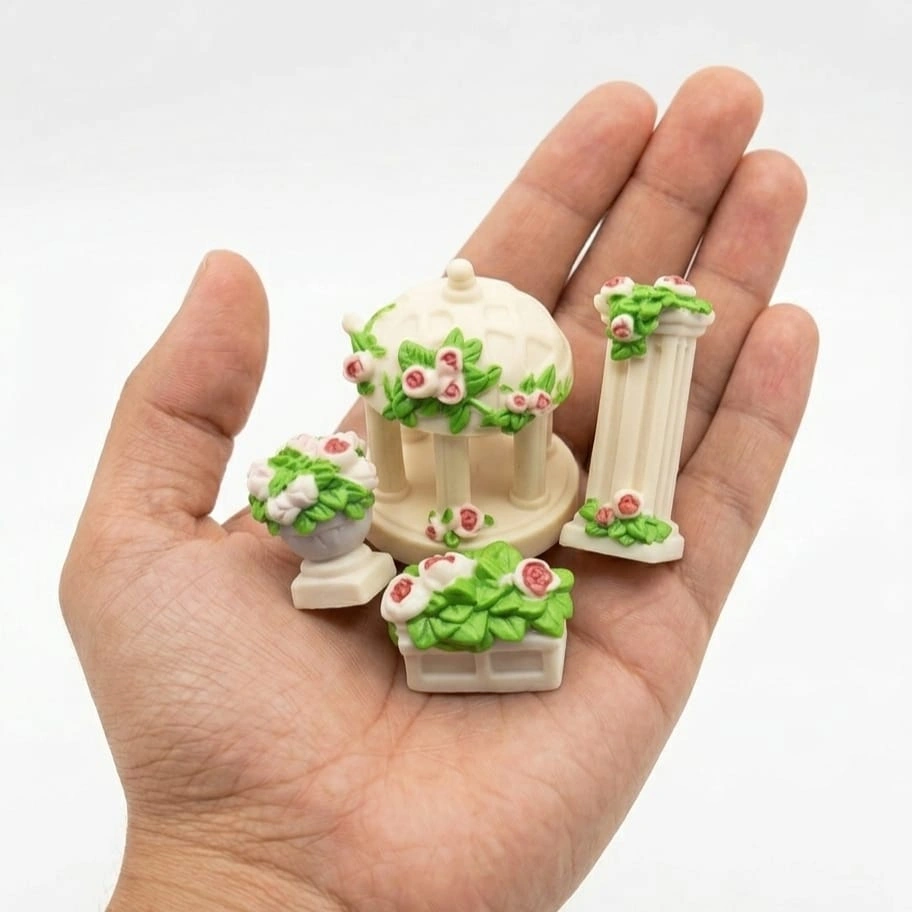 Classical-Garden-Gazebo-Column-and-Planter-Miniature-Set-of-4 Classical garden miniature gazebo set with four columns and planters, perfect for miniature garden product display.
