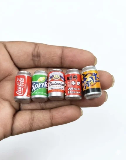 Detailed miniature beverage can set of 5, featuring Coca-Cola, Sprite, Budweiser, Wangzai. A collectible product.