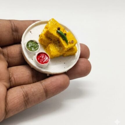 Detailed dhokla plate with chutney miniature fridge magnet product, realistic Indian cuisine for home decor.