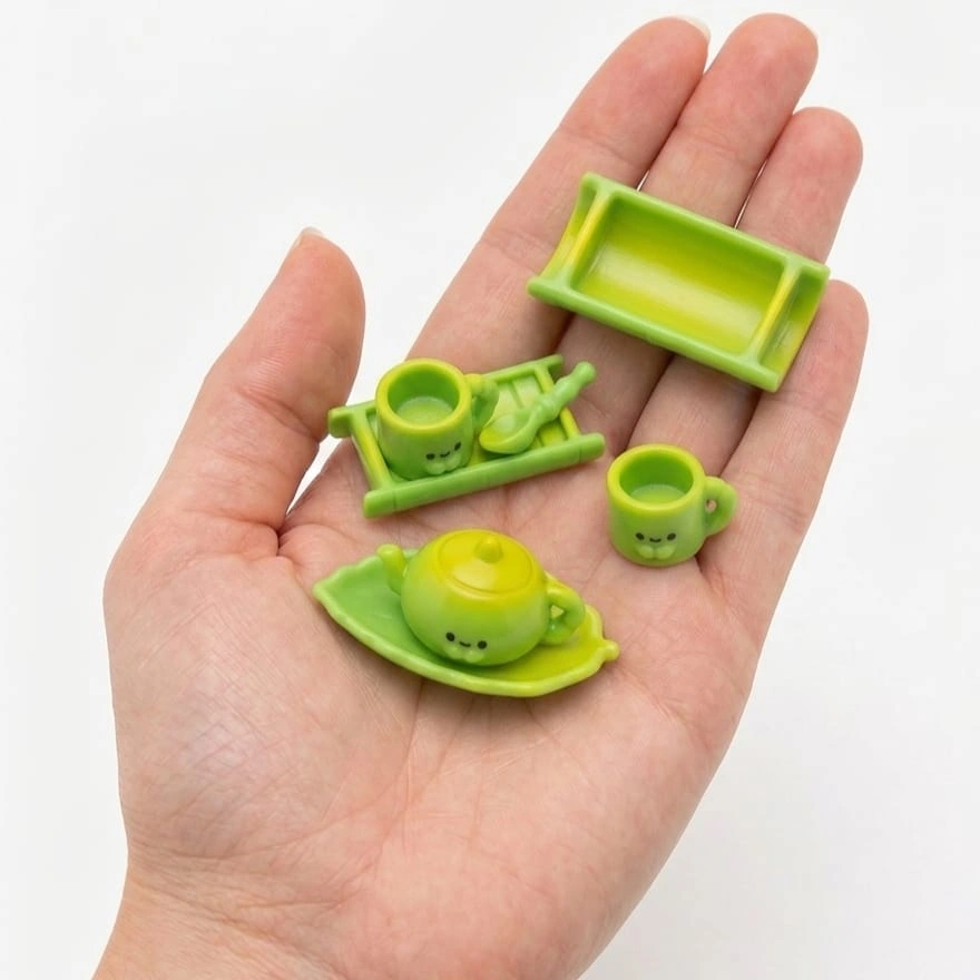 Green-Kawaii-Tea-Set-Miniature-Dollhouse-Set Adorable green kawaii tea set miniature, a charming dollhouse product for miniature scenes or collections.