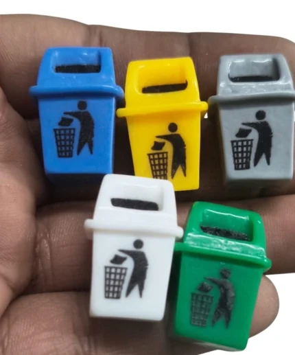 Miniature dustbin figurine product with a random design, ideal for dollhouse scenes or diorama displays.