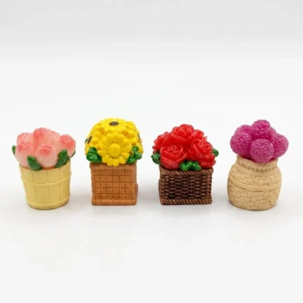 Charming miniature flower basket figurine, a delightful tiny product for dollhouse or as a unique collectible.