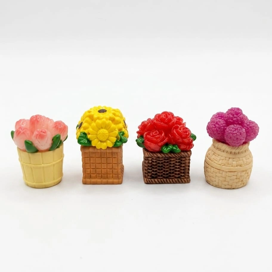 Miniature-Flower-Basket-Figurine Charming miniature flower basket figurine, a delightful tiny product for dollhouse or as a unique collectible.