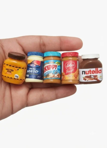 Product: Highly detailed set of 5 miniature food spread jar figurines for dollhouse kitchens or dioramas.