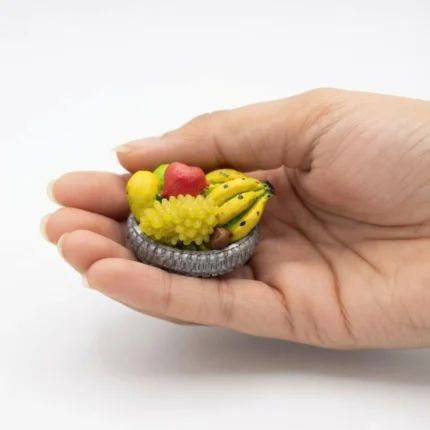 Miniature fruit bowl fridge magnet product with assorted colorful, realistic handcrafted fruits.