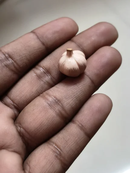 Highly detailed handcrafted miniature garlic bulb figurine product for dollhouse kitchen scenes or food displays.
