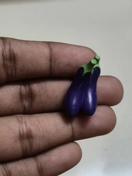 Realistic miniature eggplant brinjal figurine product set of 2, ideal for dollhouse kitchen or tiny food displays.
