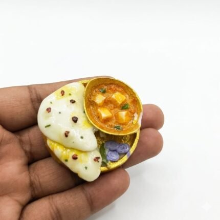 Highly detailed, realistic miniature Naan with Paneer Curry Thali fridge magnet product for food enthusiasts.