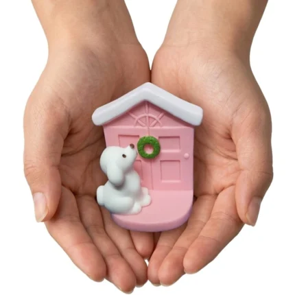 Pink miniature door product with white dog resin figurine, ideal for fairy gardens or miniature displays.