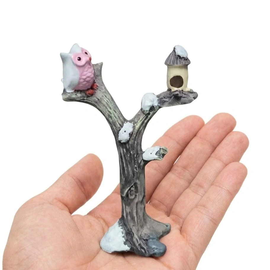 Pink-Owl-and-Fairy-House-on-Winter-Tree-Resin-Miniature-Figurine Pink owl fairy house miniature product, detailed owl on snow-dusted winter tree with tiny house.
