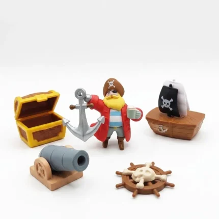 Pirate Captain Miniature Figurine Set product with ship, treasure chest, and cannon details.