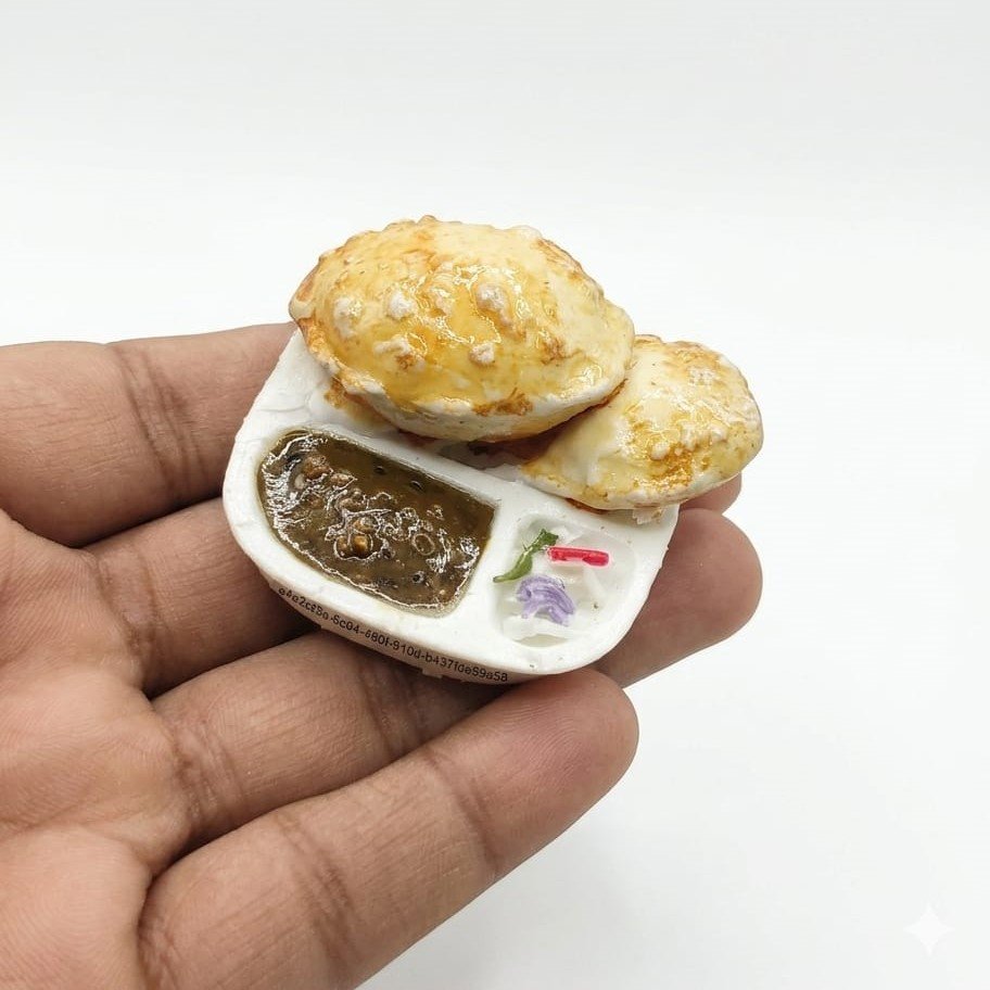 Poori-Sabzi-Thali-Miniature-Fridge-Magnet Handcrafted miniature poori sabzi thali fridge magnet product, authentic Indian cuisine art for collectors.