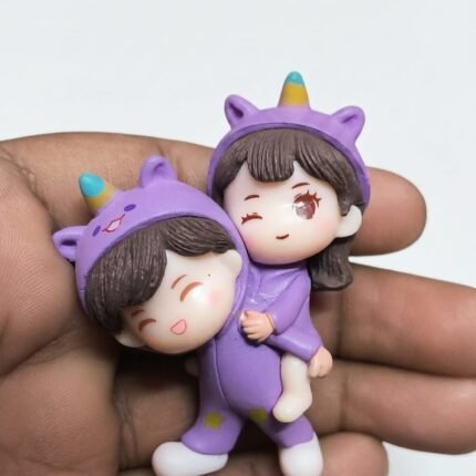 Purple unicorn couple figurine product, in matching onesies, standing side-by-side, perfect for miniature displays.