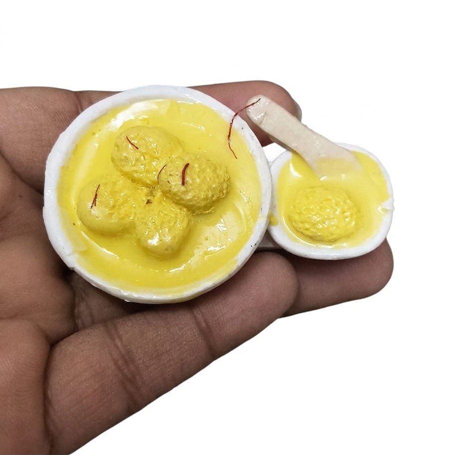 Rasmalai-Bowl-and-Spoon-Miniature-Fridge-Magnet-Set Handcrafted rasmalai bowl and spoon miniature fridge magnet set. A decorative product for your kitchen.