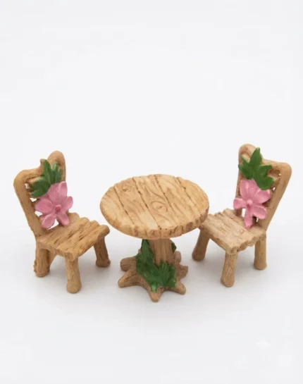 Rustic log style miniature table and chair set product for dollhouse or fairy garden scenes, natural touch.