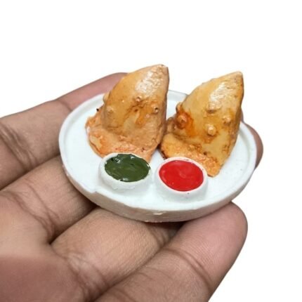 Highly detailed miniature Samosa Plate with Chutney fridge magnet product, perfect for kitchen decor.