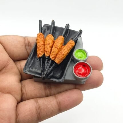 Detailed, realistic miniature seekh kebab skewers with chutney fridge magnet product for foodies & collectors.