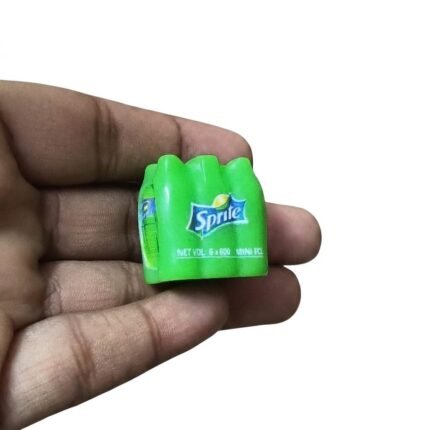 Detailed miniature Sprite six-pack bottle figurine product. Ideal for dollhouse scenes and tiny displays.