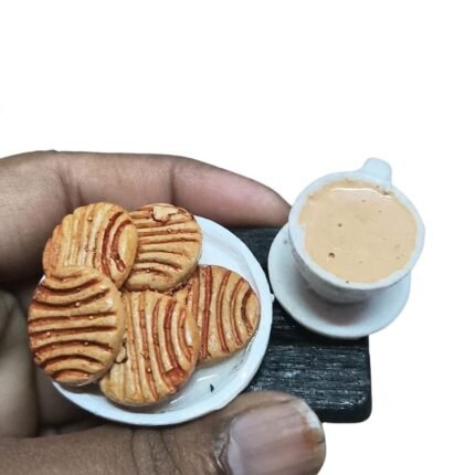 Miniature tea and biscuits tray fridge magnet set, a handcrafted product for kitchen decor.
