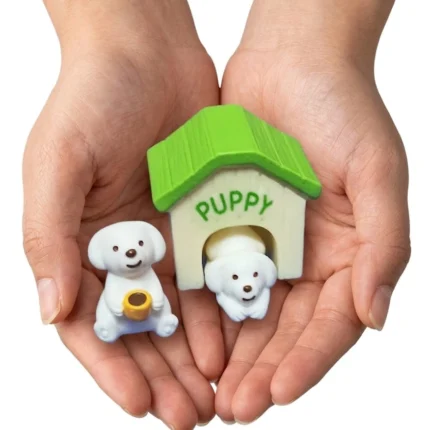 White puppy dog figurine set with miniature dog house, a charming product for miniature scenes.