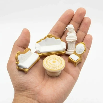 White and gold Victorian dollhouse living room furniture set, 5 miniature pieces, elegant product display.
