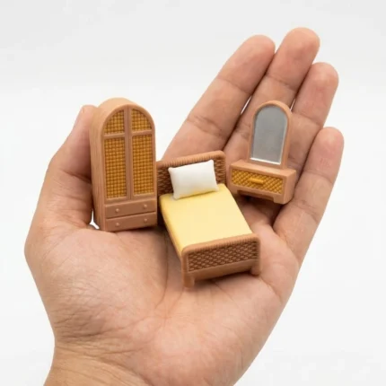 Wicker style dollhouse bedroom furniture miniature set of 3. A charming product for collectors.