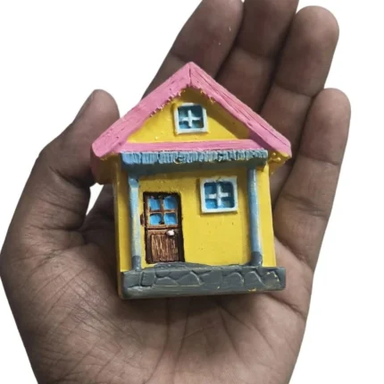 Yellow and pink roof resin miniature house figurine, a charming product for fairy gardens or dollhouse displays.