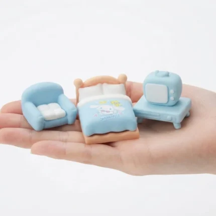 Blue miniature bedroom furniture set, perfect for dollhouse enthusiasts, showcasing a high-quality product.