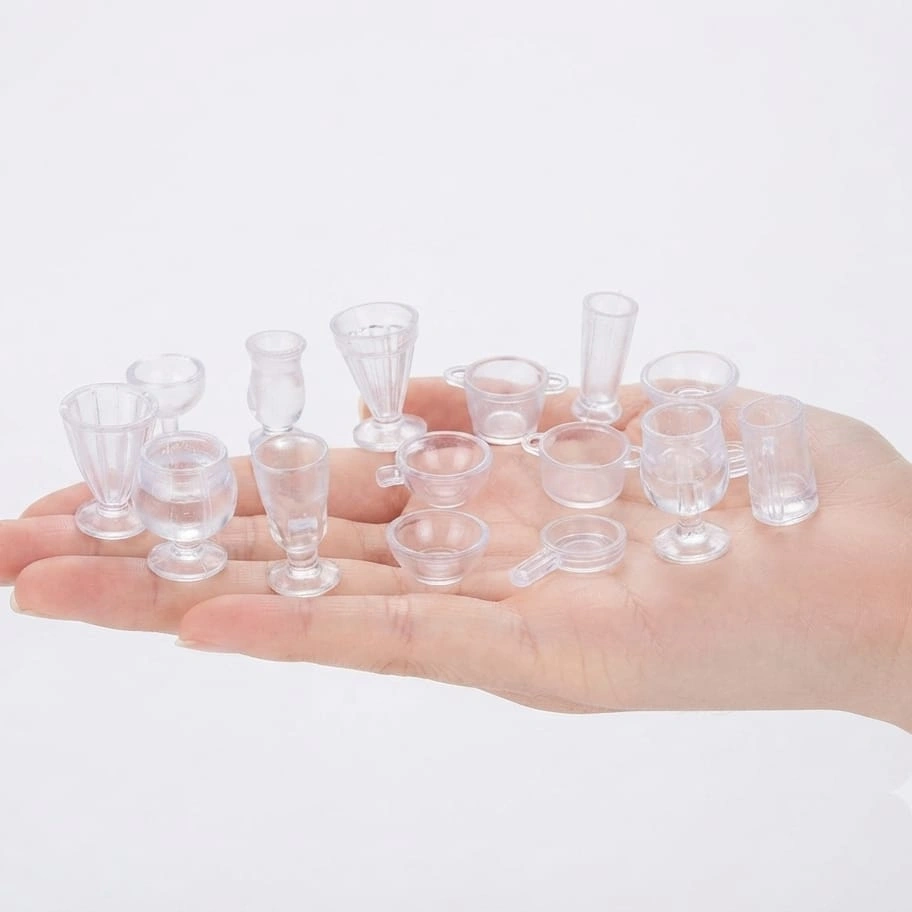 Clear-Miniature-Kitchenware-Accessories-Set Clear plastic miniature kitchenware set for dollhouse kitchens, adding realistic detail to your product scene.