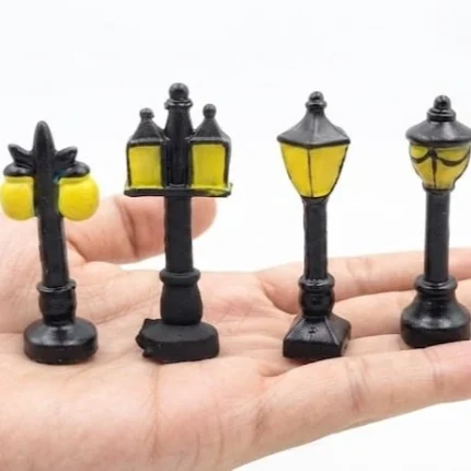Miniature black street lamp post figurine, an excellent product for dollhouse, diorama, or miniature scenes.