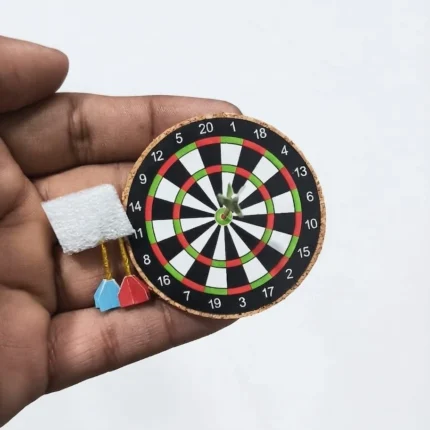 Miniature cork dartboard and darts set product, perfect for dollhouse game room scenes.