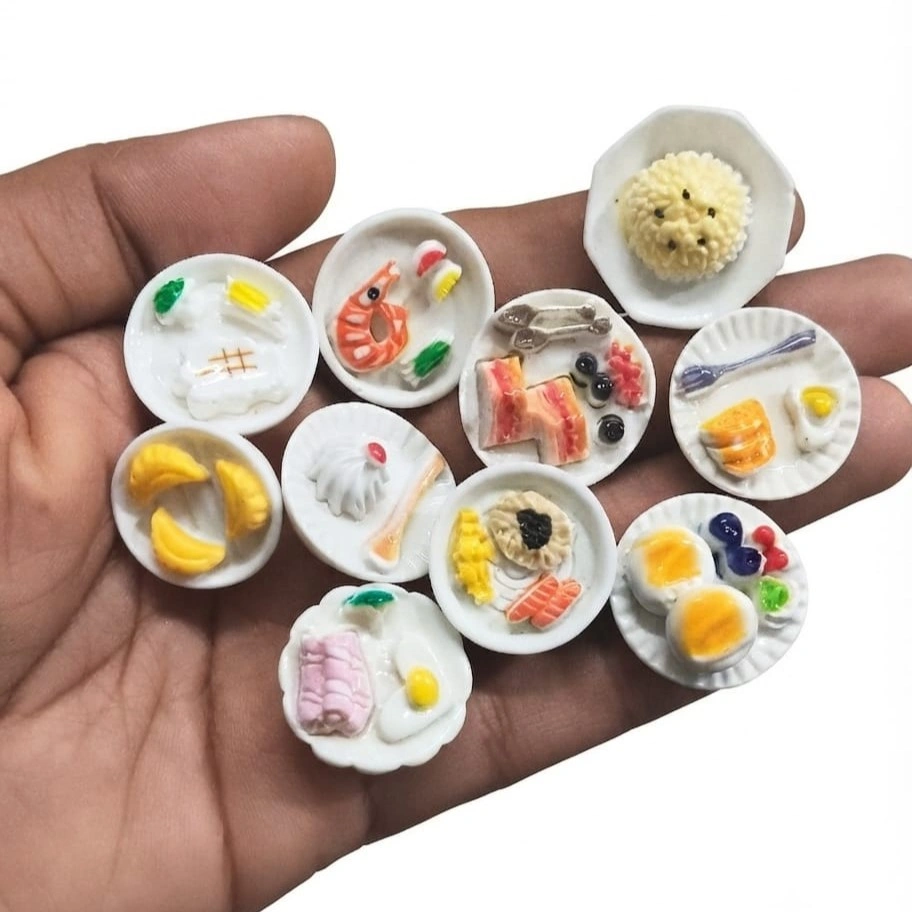 Miniature-Food-Plate-Set-of-10-Dollhouse-Accessories Random miniature food plate product for dollhouse kitchen or diorama scene, adding realistic details.