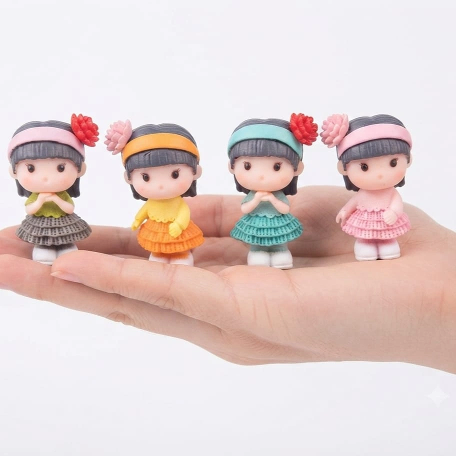 Miniature-Girl-Figurines-with-Flower-Headband-Set-of-4 Charming miniature girl figurine product with delicate flower headband, random piece for collectors.