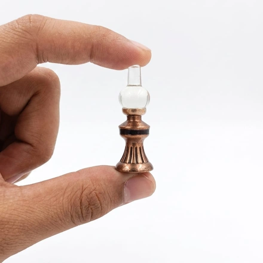 Miniature-Oil-Lamp-Figurine-with-Copper-Base Beautifully crafted miniature oil lamp figurine with copper base. This product is perfect for dollhouse scenes.