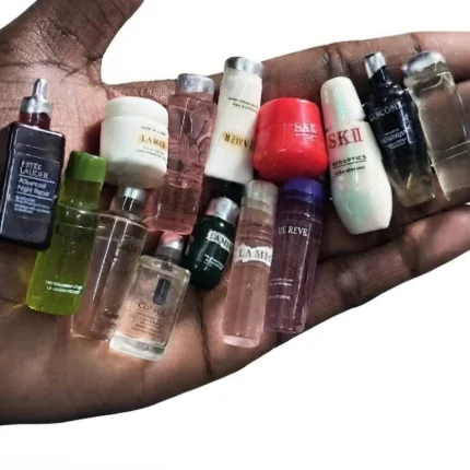 Realistic miniature skincare and cosmetics bottles set for dollhouse scenes. This product adds tiny detail.