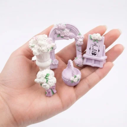 Exquisite miniature wedding arch and flower decor set product, perfect for dollhouse or diorama scenes.