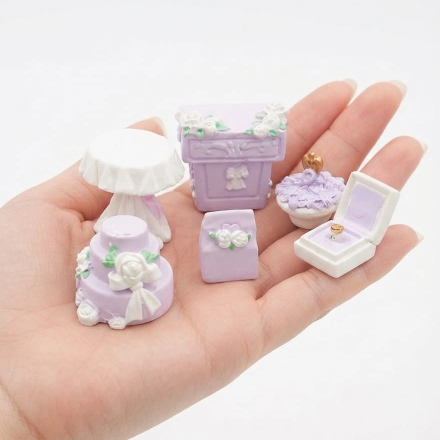 Purple-Miniature-Wedding-Set-with-Cake-and-Ring-Box Purple miniature wedding set product with tiny cake and elegant ring box, ideal for collectors.