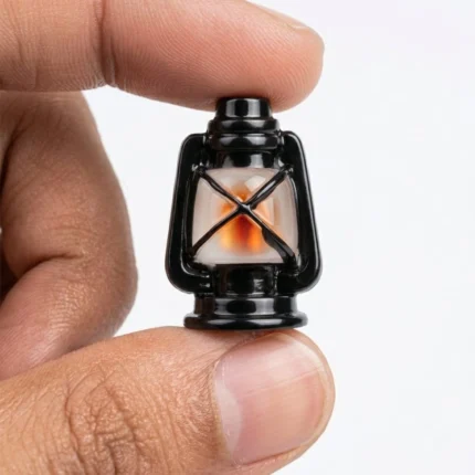 Detailed black miniature vintage oil lantern product, perfect for dollhouse or miniature scene.