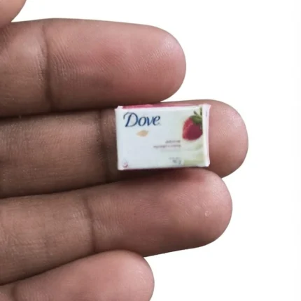 Highly detailed miniature Dove Strawberry soap bar, a perfect replica product for dollhouse collectors.