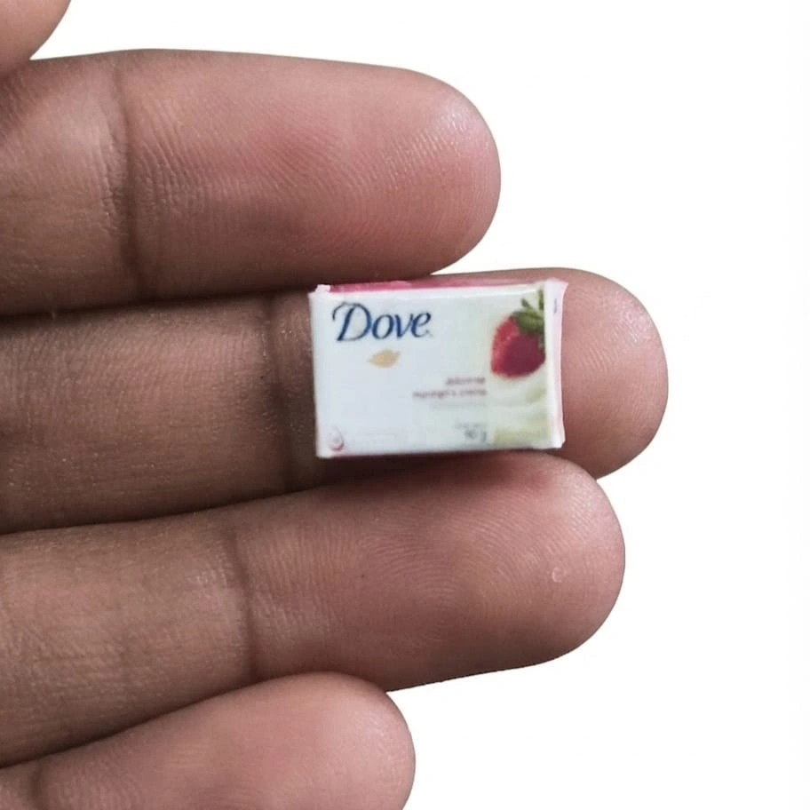 Dove-Strawberry-Miniature-Soap-Bar Highly detailed miniature Dove Strawberry soap bar, a perfect replica product for dollhouse collectors.