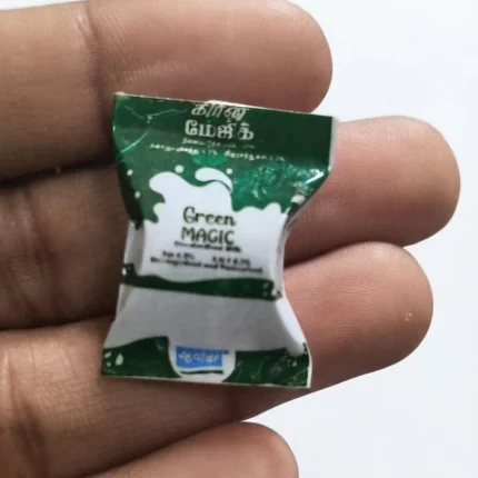 Green Magic miniature curd sachet product, perfect for dollhouse grocery scenes and food displays.