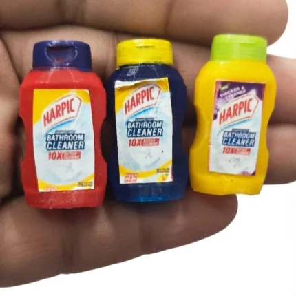 Realistic Harpic miniature bathroom cleaner bottle product, perfect for dollhouse scenes or miniature collections.